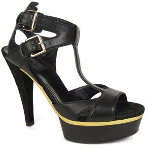 GUCCI Iman Black Leather Gold Detail Suede Platform T-Strap Sandals Heels 37.5